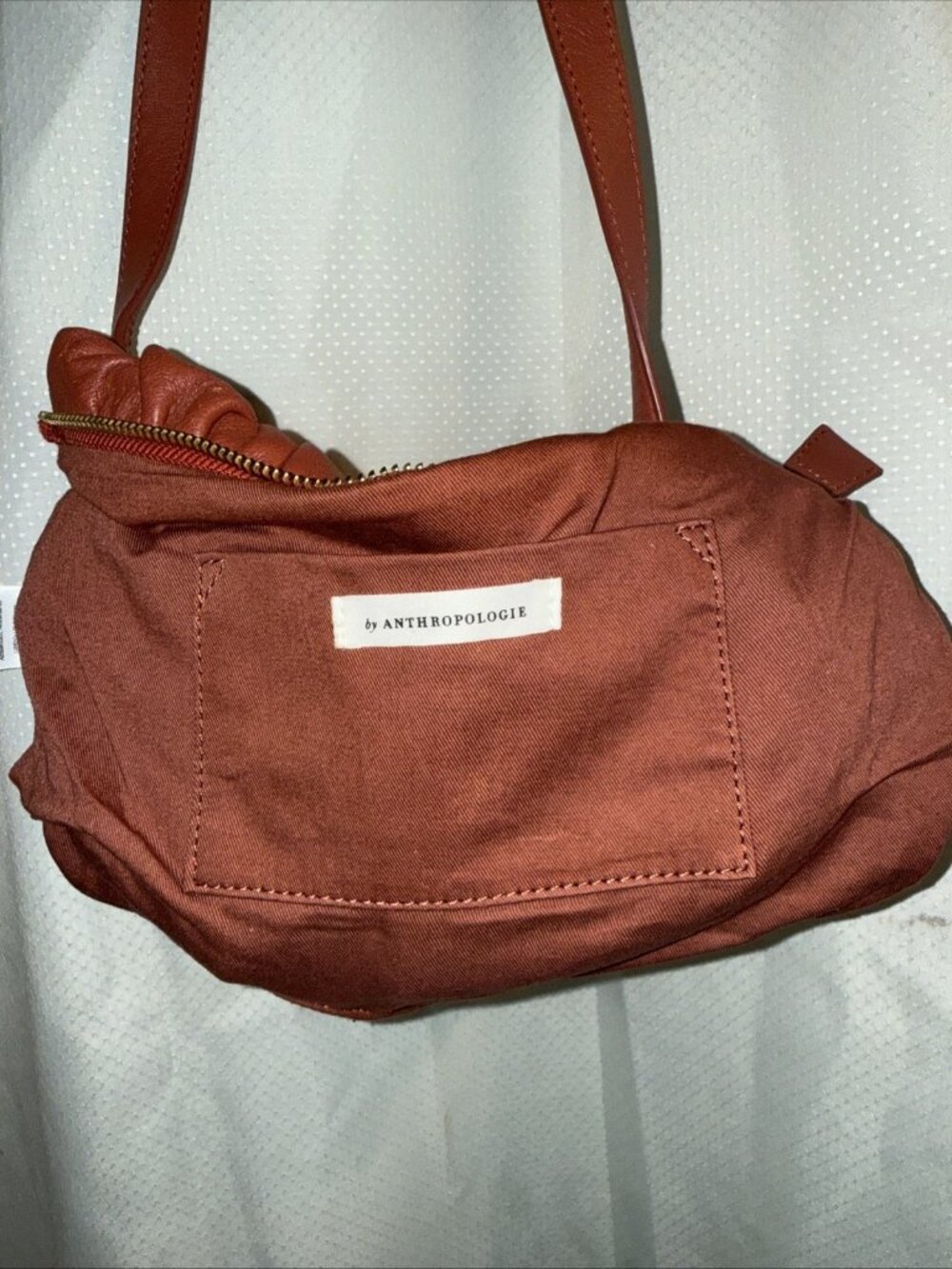 Anthropologie Shoulder Bag Lamb Leather Brown Rust Gathered Runched Gold Zipper - Picture 13 of 16